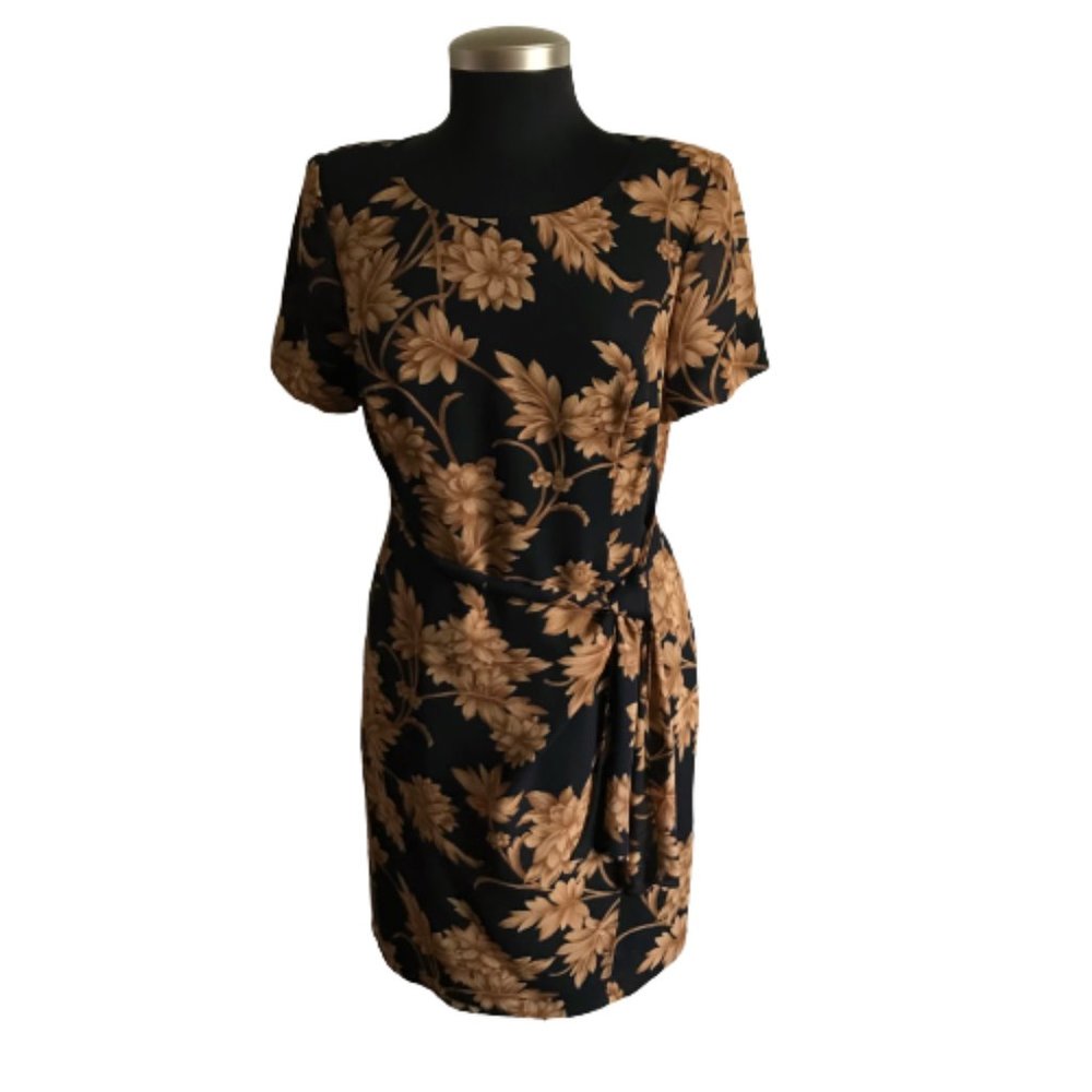 Warren Petites Black/Floral Wrap Dress - Size 8